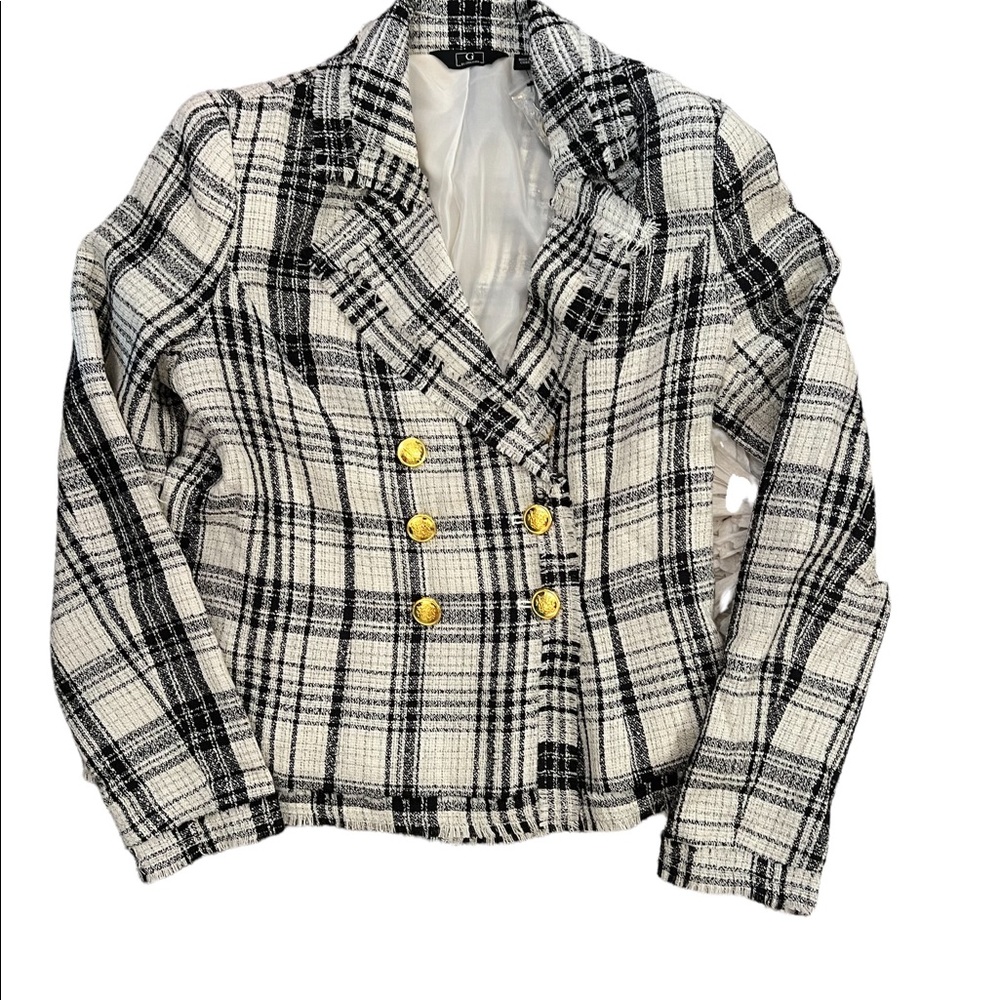 G by Giuliana plaid tweed blazer in black and ivory w/ gold buttons.